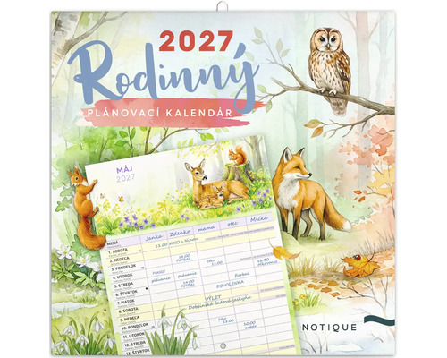 Nástenný rodinný plánovací kalendár 2027 s ilustráciami lesných zvierat na organizáciu termínov