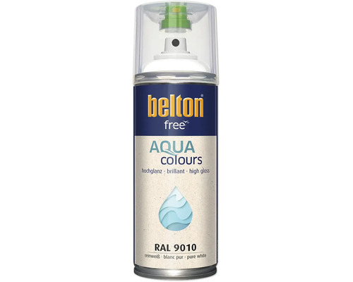 Sprejový lak Belton Free Aqua Colours v čisto bielej farbe RAL 9010 s vysokým leskom