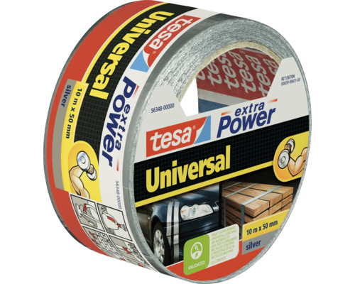 Univerzálna textilná páska Tesa Extra Power v striebornej farbe, kotúč s dĺžkou 10 metrov a šírkou 50 milimetrov na opravy a upevnenie.