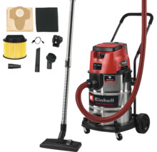 Akumulátorový vysávač na mokré a suché vysávanie Einhell Professional s príslušenstvom ako filtre a sacia trubica.