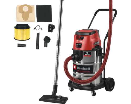 Akumulátorový vysávač na mokré a suché vysávanie Einhell Professional s príslušenstvom ako filtre a sacia trubica.