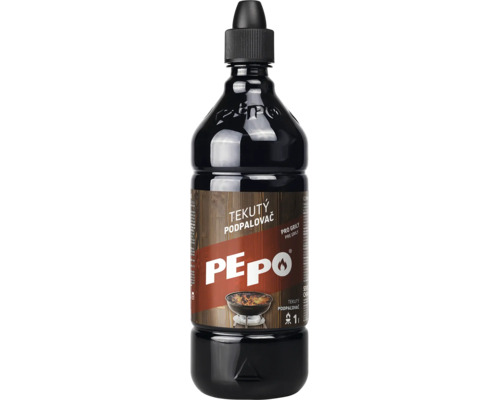 Tekuty podpalovac PEPO v flasi s objemom 1 liter na zapalovanie grilov na drevene uhlie