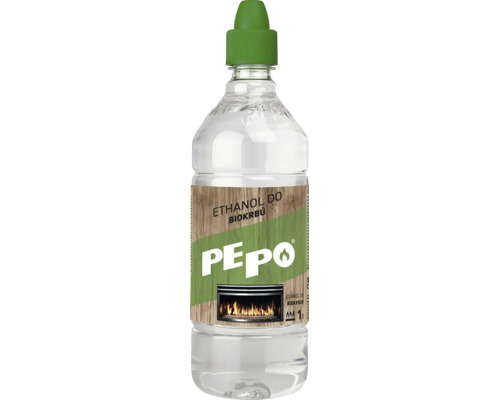 Fľaša paliva do biokrbov Pepo s objemom 1 liter, určená na prevádzku biokrbov.