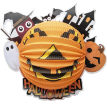 Halloween papierový lampión v tvare tekvice s duchmi a dekoráciou strašidelného hradu