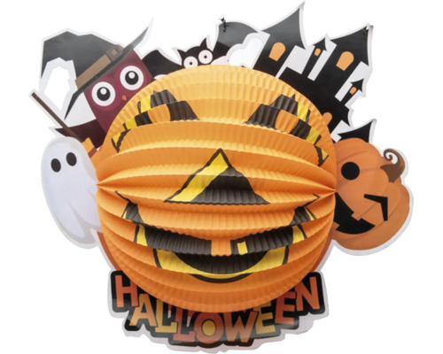 Halloween papierový lampión v tvare tekvice s duchmi a dekoráciou strašidelného hradu