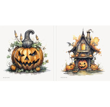 Dve halloweenske nástenné nálepky s vyrezávanou tekvicou a strašidelným domom v ilustrovanom štýle.