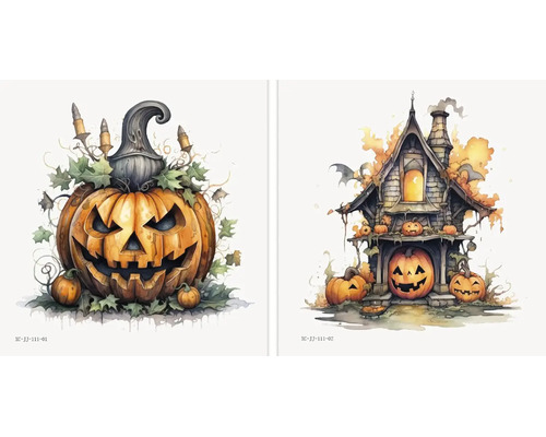 Dve halloweenske nástenné nálepky s vyrezávanou tekvicou a strašidelným domom v ilustrovanom štýle.