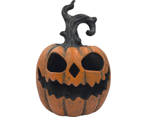 Dekorativna halloweenska tekvica z umelej zivice s desivou tvarou a zakrivenou stopkou ako stolova dekoracia.