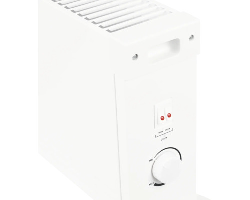 Elektrický konvektor s termostatom a prepínačmi pre výkon 750 wattov a 1250 wattov pre flexibilné vykurovanie miestností.