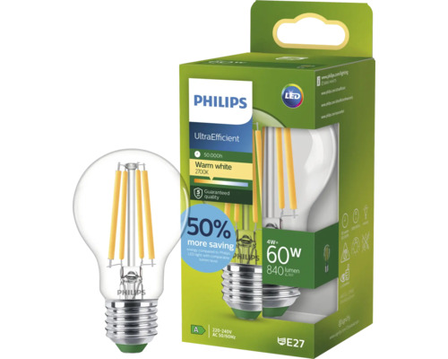 LED žiarovka Philips E27, 4 Watty, 840 lúmenov, teplá biela farba svetla 2700 Kelvinov, stmievateľná, energeticky úsporná, v balení.