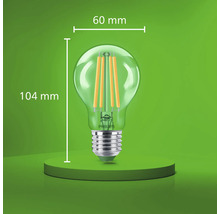Philips LED vláknová žiarovka s päticou E27, priemer 60 milimetrov a celková výška 104 milimetrov.