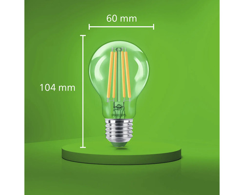 Philips LED vláknová žiarovka s päticou E27, priemer 60 milimetrov a celková výška 104 milimetrov.