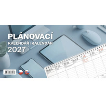 Plánovací kalendár 2027 so špirálovou väzbou na pracovnom stole s tabletom a smartfónom.