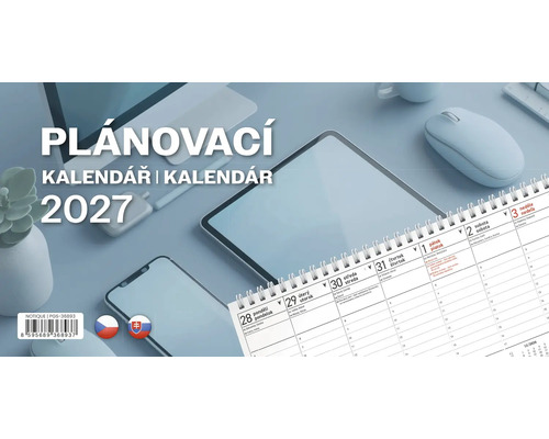 Plánovací kalendár 2027 so špirálovou väzbou na pracovnom stole s tabletom a smartfónom.