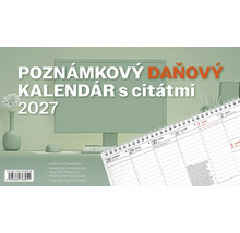 Daňový kalendár 2027 s citátmi a týždenným prehľadom vrátane daňových povinností, znamení zverokruhu a mesačného prehľadu.