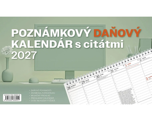 Daňový kalendár 2027 s citátmi a týždenným prehľadom vrátane daňových povinností, znamení zverokruhu a mesačného prehľadu.