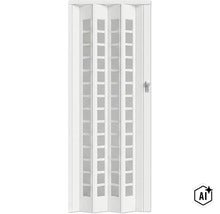 Biele plastové skladacie dvere s presklením a kľučkou pre priestorovo úsporné oddelenie miestností (Image AI modified or generated)