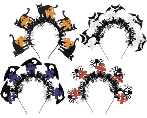 Štyri halloweenske čelenky s dekoráciami ako mačky, netopiere, duchovia a pavúky.