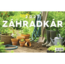 Záhradkársky kalendár 2027 so zobrazením hlinených črepníkov, krhly, záhradnej lopatky, gumákov a prúteného koša v záhradnom prostredí.