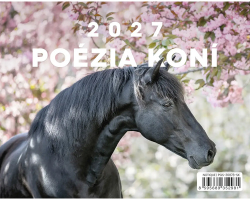 Nástenný kalendár na rok 2027 s fotografiou koňa pred rozkvitnutým stromom.