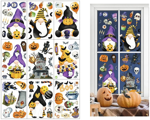 Halloweenske nálepky na okná s motívmi trpaslíkov na dekoráciu okien a hladkých povrchov vrátane príkladu aplikácie na okne.