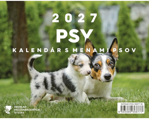 Kalendár psov 2027 s menami psov a fotografiou dvoch psov na lúke