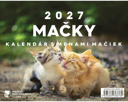 Nástenný kalendár 2027 s motívmi mačiek a menami, ilustrovaný dvoma mačiatkami, ktoré sa vzájomne čistia.