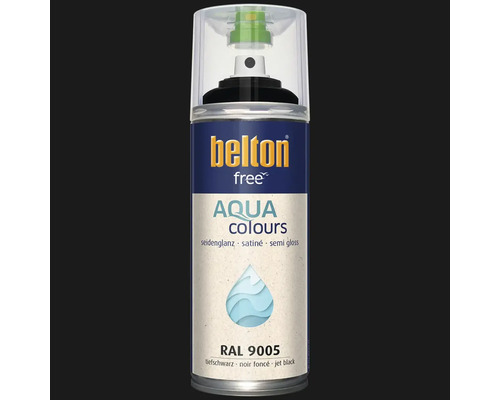 Sprejový lak Belton Free Aqua Colours v hlbokej čiernej hodvábne lesklej farbe RAL 9005 na vodnej báze