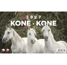Nástenný kalendár 2027 s motívom koní a nápisom Kone Kone pred prírodnou kulisou