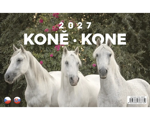 Nástenný kalendár 2027 s motívom koní a nápisom Kone Kone pred prírodnou kulisou