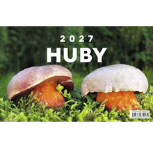 Nástenný kalendár s motívom húb na rok 2027 s nápisom HUBY a vyobrazením dvoch húb na machu.