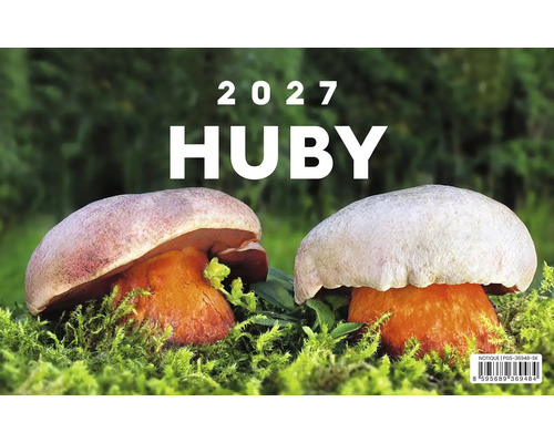 Nástenný kalendár s motívom húb na rok 2027 s nápisom HUBY a vyobrazením dvoch húb na machu.