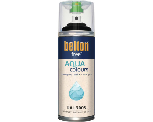 Sprejový lak Belton free Aqua hodvábne lesklý v hlbokej čiernej farbe RAL 9005
