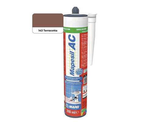 Silikónový tmel Mapei Mapesil AC vo farbe terakota, kartuša 310 mililitrov pre keramiku a sanitárne priestory.