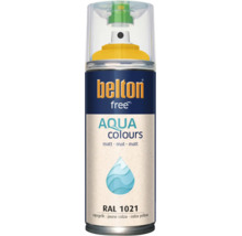 Sprejový lak Belton Free Aqua Colours v repkovo žltej farbe RAL 1021, matná farba na vodnej báze pre rôzne povrchy.