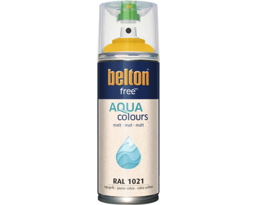 Sprejový lak Belton Free Aqua Colours v repkovo žltej farbe RAL 1021, matná farba na vodnej báze pre rôzne povrchy.