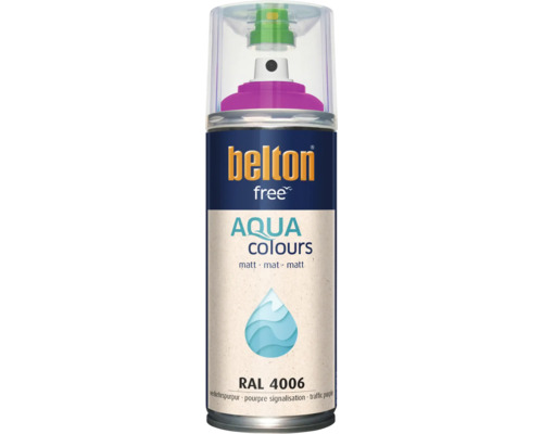Sprejový lak Belton Free Aqua Colours v dopravnej purpurovej matnej farbe, RAL 4006, na vodnej báze
