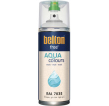Sprejový lak Belton Free Aqua Colours vo svetlo sivej matnej farbe RAL 7035, lak na vodnej báze pre rôzne povrchy.
