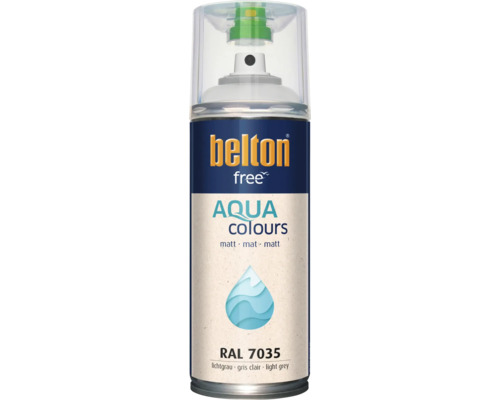 Sprejový lak Belton Free Aqua Colours vo svetlo sivej matnej farbe RAL 7035, lak na vodnej báze pre rôzne povrchy.