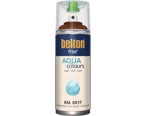 Sprejový lak Belton Free Aqua Colours v čokoládovo hnedej farbe RAL 8017, matný, lak na vodnej báze pre vnútorné aj vonkajšie použitie