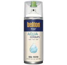 Sprejový lak Belton free Aqua Colours v čisto bielej matnej farbe RAL 9010, lak v spreji na vodnej báze.