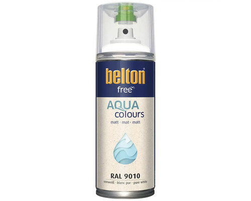 Sprejový lak Belton free Aqua Colours v čisto bielej matnej farbe RAL 9010, lak v spreji na vodnej báze.