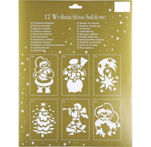 Sada 12 vianočných šablón na dekorácie s rôznymi zimnými motívmi, ako je Santa Claus, snehuliak, hviezdy a anjeli.