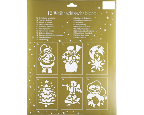 Sada 12 vianočných šablón na dekorácie s rôznymi zimnými motívmi, ako je Santa Claus, snehuliak, hviezdy a anjeli.