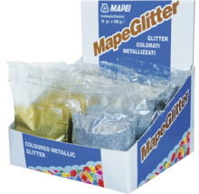 Pultový stojan Mapei MapeGlitter so vrecúškami s farebnými metalickými trblietkami na pridanie do škárovacej hmoty