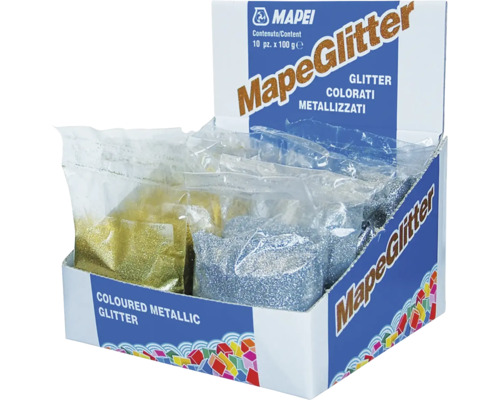 Pultový stojan Mapei MapeGlitter so vrecúškami s farebnými metalickými trblietkami na pridanie do škárovacej hmoty