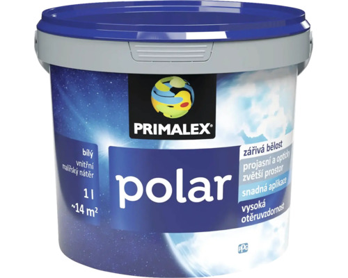 Vedro s vnútorným maliarskym náterom Primalex Polar, biela farba na steny v interiéri, objem 1 liter, výdatnosť približne 14 metrov štvorcových.