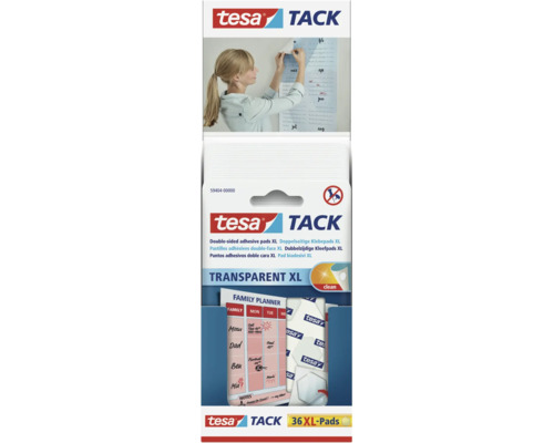 Obojstranné lepiace podložky Tesa Tack XL, 36 kusov, priehľadné a bezo zvyšku odstrániteľné lepiace vankúšiky na pripevnenie plagátov.