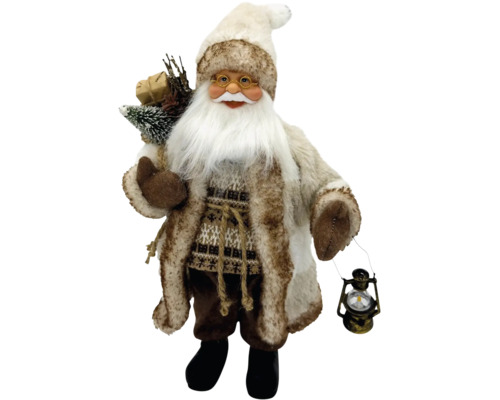 Dekoratívna figúrka Santa Claus s lampášom a balíčkom darčekov ako vianočná dekorácia