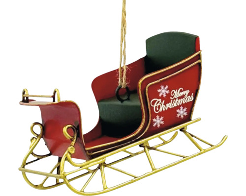 Vianočná ozdoba v tvare sánok s nápisom Merry Christmas a závesnou šnúrkou vyrobená z kovu